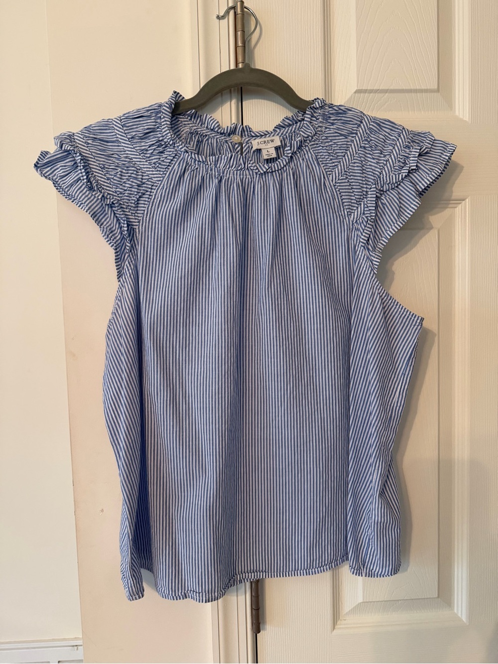 J. Crew Blue and White Pinstripe Ruffle Sleeve Top